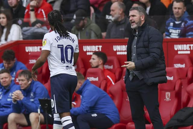 Preston North End manager Ryan Lowe gives instructions to Daniel Johnson from the technical area