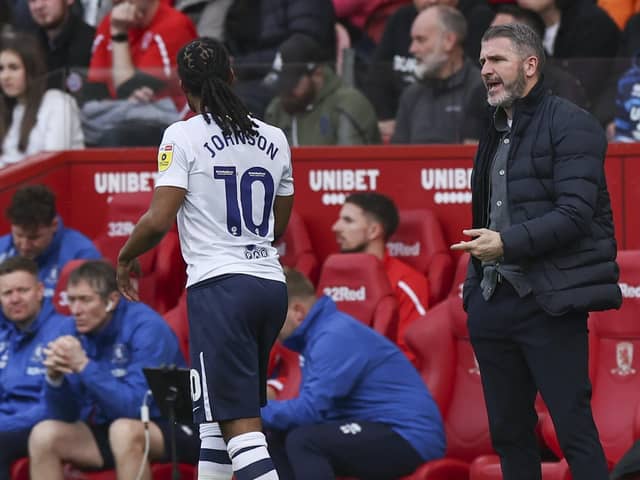 Preston North End manager Ryan Lowe gives instructions to Daniel Johnson from the technical area