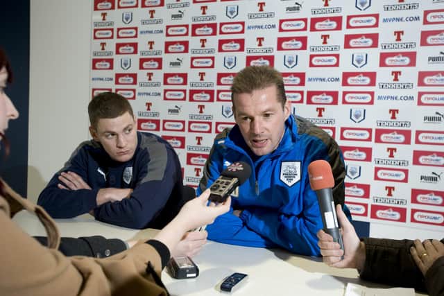 Preston North End midfielder Paul Coutts with PNE manager Graham Westley during his first pre-match press conference at Deepdale