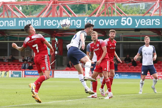 Preston North End' defender Andrew Hughes in action against Accrington Stanley in July last year