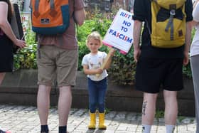 Four-year-old Holly summed up the sentiment at the rally on Lune Street on Saturday  (image: Neil Cross)