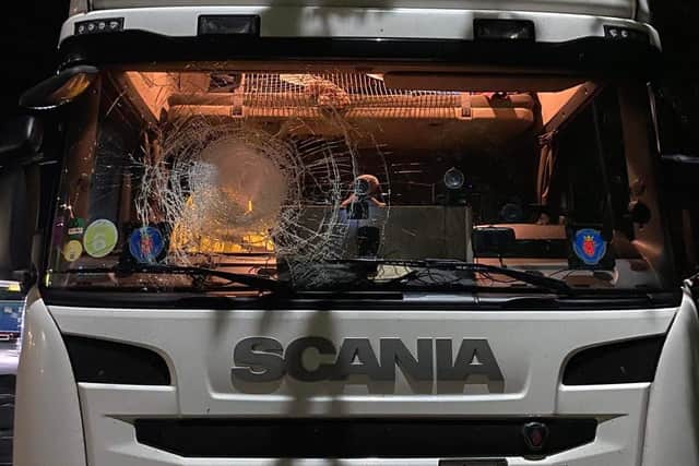 The lorry was struck by a rock thrown off a motorway bridge on the M6 near Bamber Bridge on Saturday night (May 28)