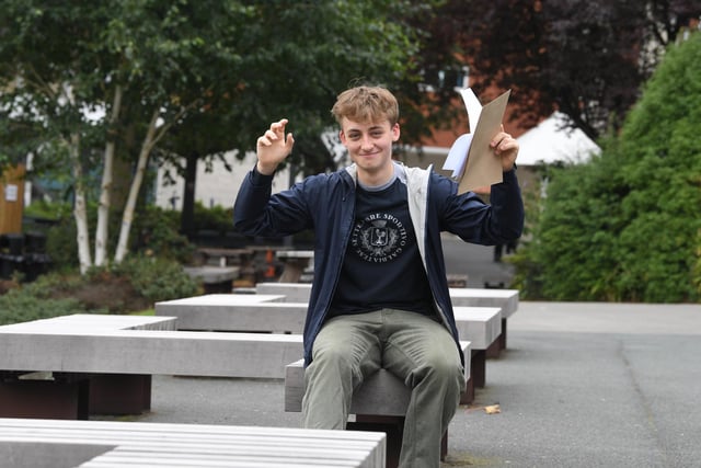 David Glendinning celebrates his A-Level results at Cardinal Newman College