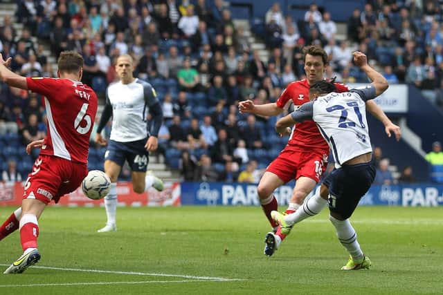 Preston North End's Cameron Archer has a shot which leads to the penalty against Middlesbrough at Deepdale