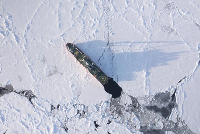An aerial view of polar research and logistics vessel, S.A. Agulhas II, on an expedition to find the wreck of Endurance, Sir Ernest Shackleton's ship.