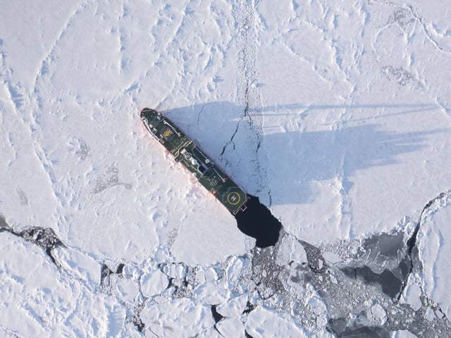 An aerial view of polar research and logistics vessel, S.A. Agulhas II, on an expedition to find the wreck of Endurance, Sir Ernest Shackleton's ship.