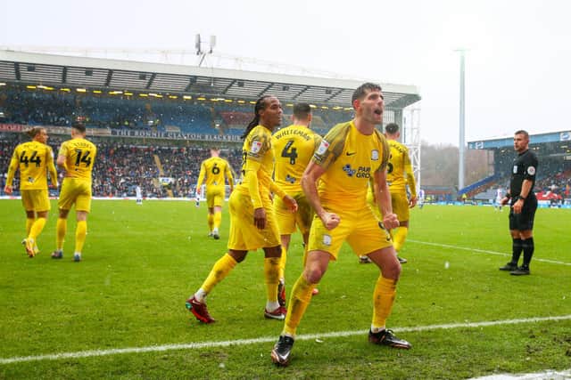 Preston North End's Ched Evans celebrates scoring his side's third goal