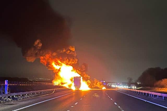 Emergency services at the scene of the lorry fire on the M62 this morning (Tuesday, January 31)