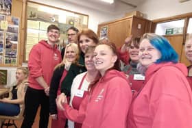 The Duchess of York Sarah Ferguson with volunteers at the lunch club at St Matthew's Church in Burnley during her tour of the borough yesterday