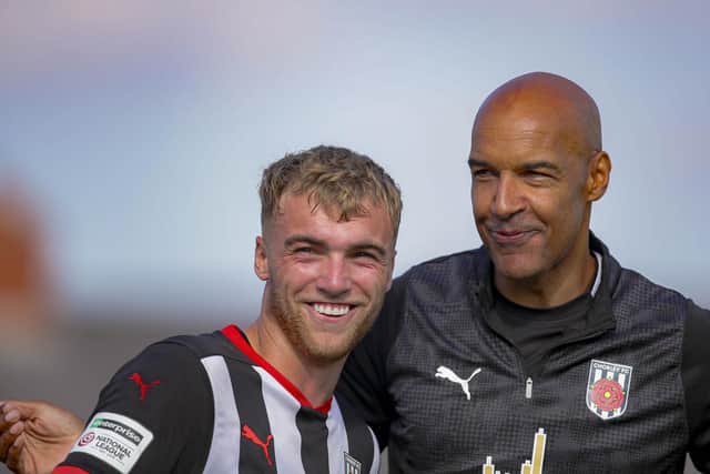 Chorley boss Andy Preece, right, and goalscorer Tom Carr celebrated a 3-1 win over AFC Telford United (photo: David Airey/dia_images)