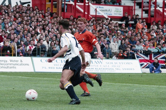 Blackpool vs Preston
October 1992

A PNE player tries to get passed Mike Davies

The game finished with a 3-2 win to PNE