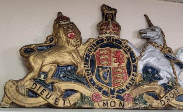 The royal crest that had previously hung in the Carnforth UDC Chamber.