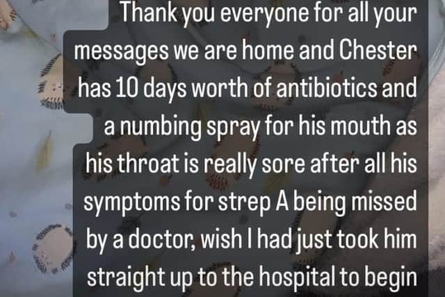 Millie Radford posted a thank you message on Instagram after her son Chester was diagnosed with Strep A