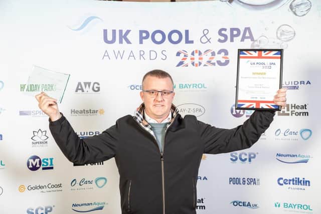 Topline Pools and Wellness director Andy Bolton celebrating award success at the UK Pool and Spa Awards. Photo: Doherty Photography