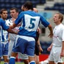 Tempers get heated during Preston North End's friendly against Malaga at Deepdale in July 2005