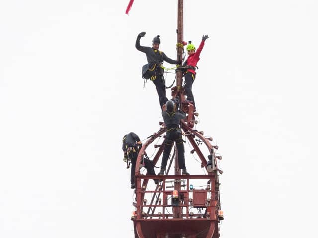 After reaching the very top, Amanda grasped the flag pole and hung the Heart radio flag as she enjoyed incredible views of Blackpool, the Irish Sea and the Fylde Coast. (Picture by Heart Radio)