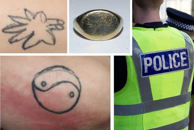 A man found dead in Preston has two distinctive tattoos (pictured) and was wearing a yellow metal signet ring (also pictured) on his wedding finger.