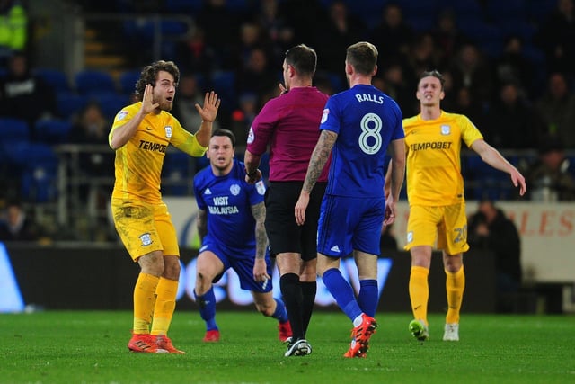 Preston North End's Ben Pearson protests his innocence after committing a foul on Cardiff City's Lee Tomlin.
