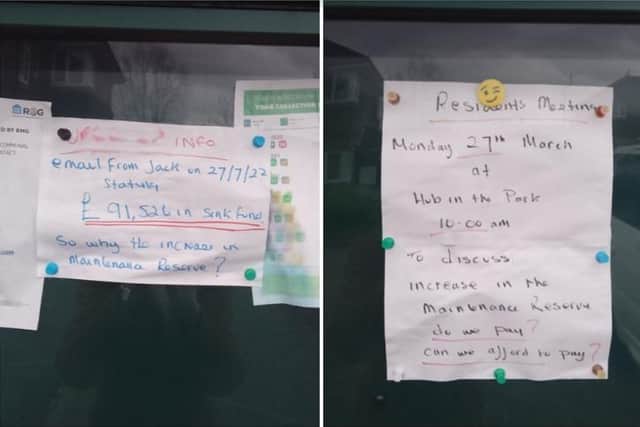 The notice board at Glenview Court. Left: residents express confusion as the property manager, Jack, had previously told them about  £91,525 reserve funds. Right: a residents' meeting on March 27 was the first time some had heard of the increases.