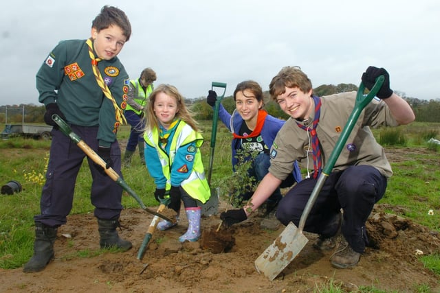Preston and district explorers, scouts, cubs and beavers planted 100 trees in the region to celebrate 100 years of the scouting movement. Pictured from left is Jack Cornwell, Lucy Waine, Vicky Harwood, and Ryan McKeown