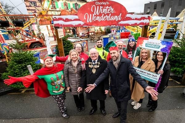 Pictured at the Winter Wonderland opening are: Leader of Chorley Council -Councillor Alistair Bradley and the Mayor and Mayoress of Chorley – Councillor Tommy Gray and Miss Michelle Gray, Councillor Danny Gee, with one of Chorley Council’s Town Centre ambassadors and representatives from local businesses