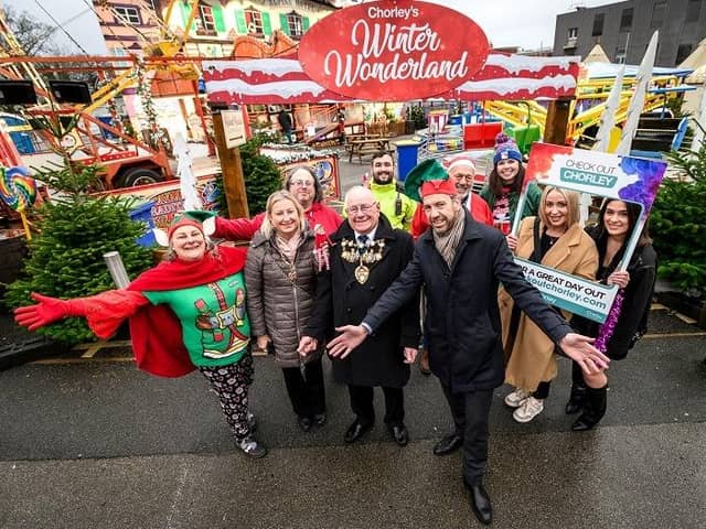 Pictured at the Winter Wonderland opening are: Leader of Chorley Council -Councillor Alistair Bradley and the Mayor and Mayoress of Chorley – Councillor Tommy Gray and Miss Michelle Gray, Councillor Danny Gee, with one of Chorley Council’s Town Centre ambassadors and representatives from local businesses
