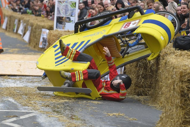 No wonder crash helmets were essential for the drivers in the Longridge Soap Box Derby.