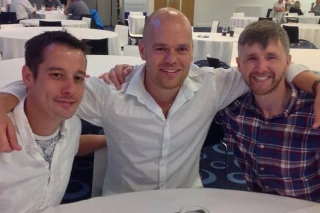 Andrew Wilkinson (left) and Simon Sharples (right), and their friend Wes