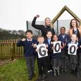 Brookfield Primary are celebrating after getting a 'Good' Ofsted rating. Pictured: deputy headteacher Rachel Little and headteacher Jill Lucas with some of the pupils.