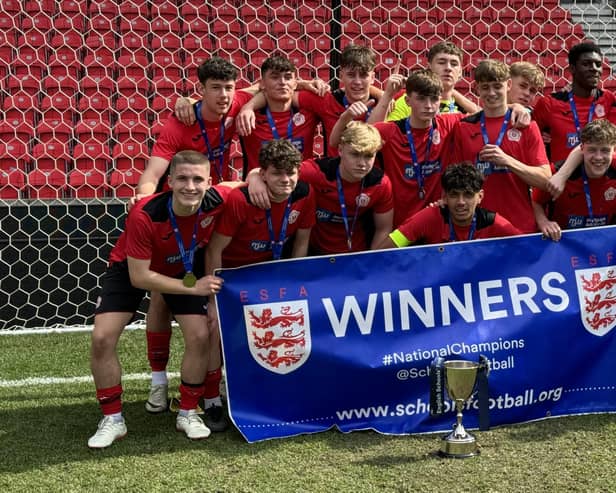 The victorious Lancashire Schools FA team after they won the National Championship with a 3-2 victory over Sussex Schools FA at Stoke City’s bet365 Stadium