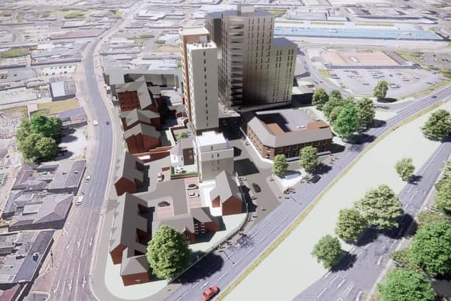 Bird's eye view of how the proposed blocks would fit into the Stoneygate area of Preston, opposite the Bhailok Tower.