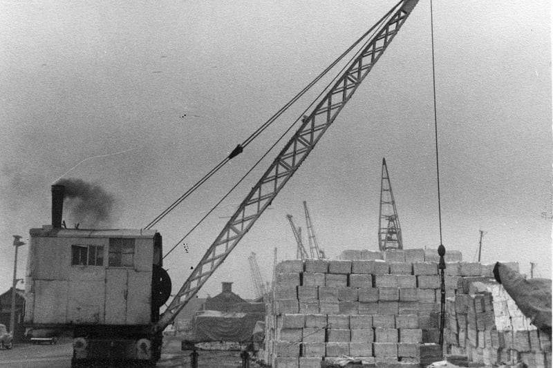Preston Dock Feb 24th 1969 
Steam crane number 6 loading wood pulp on the
south side of the dock. This crane had a lattice type jib and was manufactured by Thomas Smith of Rodley near Leeds.
Richard Taylor Collection and Preston Digital Archive