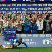Preston North End celebrate winning the League One play-off final against Swindon Town at Wembley in May 2015