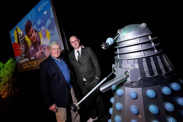 Peter Purves and Professor Andrew Ireland in the room where scenes for the Doctor Who missing episode recreation were filmed.
