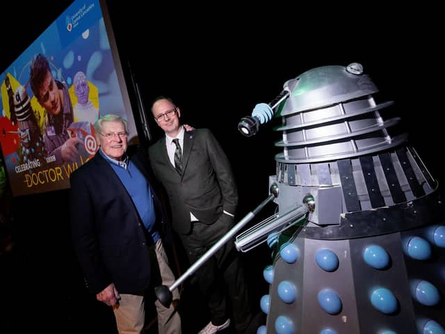 Peter Purves and Professor Andrew Ireland in the room where scenes for the Doctor Who missing episode recreation were filmed.