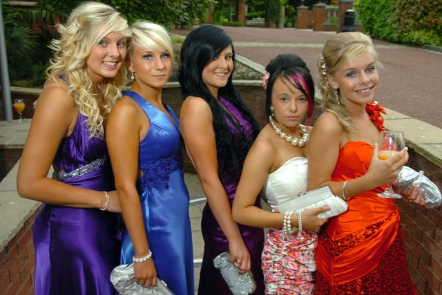 From left, Amy Lupton, Hayley Pickering, Kirstie Baines, Becky Murphy, and Leanne Stonier, gather at the Corpus Christi Catholic High School Prom at Barton Grange Hotel in 2010