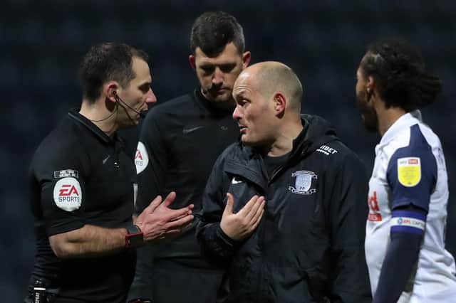 Alex Neil, manager of Preston North End, confronts match referee Tim Robinson following the Sky Bet Championship match between Preston North End and Nottingham Forest at Deepdale on January 02, 2021.