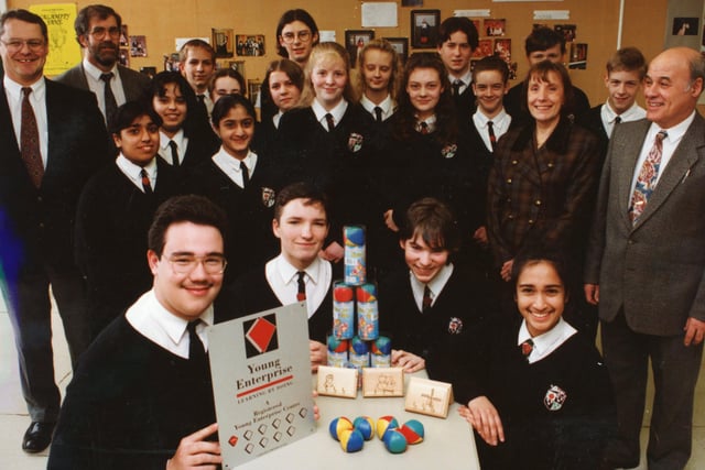 Juggling school work and extra curricular activities is no problem for enterprising youngsters at Fulwood High School. Young Enterprise workers from year 11 formed their company Utopia and sold a range of goods from sets of juggling balls to hand-made key holders. Their efforts saw the school to be recognised as an Enterprise Centre and they were awarded with a special plaque. Seated front, from left, are Chris Hayes, 16, Matthew Marsden, 15, Charles McManamy, 15, and Munita Mota, 16, with the plaque and some of their products