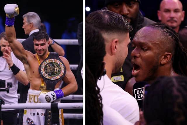 Left: Tommy Fury celebrates after he won by split decision against US YouTuber Jake Paul in a boxing match held at Diriyah in Riyadh, Saudi Arabia on February 27, 2023. Right: KSI and Tommy confront each other after KSI knocks out Joe Fournier during their X Series 007 MF Cruiserweight Championship in May 2023. Images: Getty