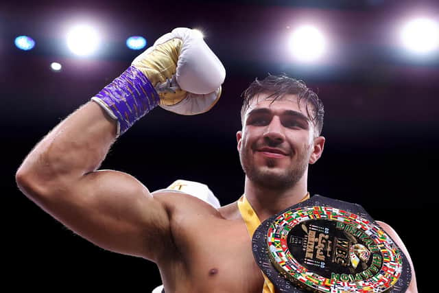 Tommy poses for a photo with their Title Belt after defeating Jake Paul in Riyadh, Saudi Arabia in February. (Photo by Francois Nel/Getty Images)