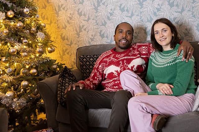 Mike (Kiell Smith-Bynoe) and Alison (Charlotte Ritchie) have a stressful Christmas ahead in the Ghosts Christmas Special (Picture: BBC/Monumental/Guido Mandozzi)