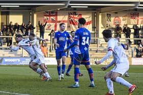 Corey Whelan after opening the scoring against Oldham (photo: AFC Fylde/Steve Mclellan)