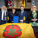 The signing of Lancashire's devolution deal in November - but has the election turned the smiles to uncertainty?  [From left] Blackburn with Darwen Council leader Phil Riley, Lancashire County Council leader Phillippa Williamson, Levelling Up Minister Jacob Young and Blackpool Council leader Lynn Williams (image: Martin Bostock Photography)
