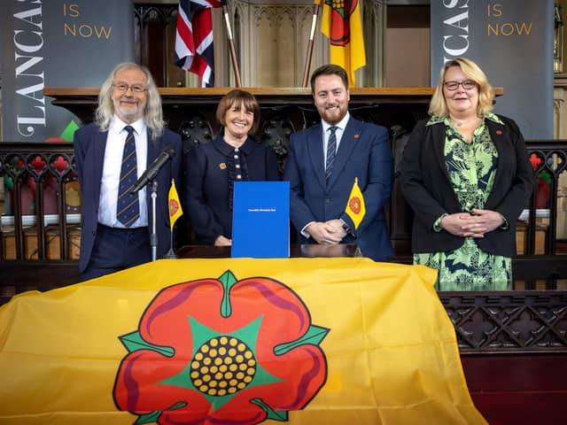 The signing of Lancashire's devolution deal in November - but has the election turned the smiles to uncertainty?  [From left] Blackburn with Darwen Council leader Phil Riley, Lancashire County Council leader Phillippa Williamson, Levelling Up Minister Jacob Young and Blackpool Council leader Lynn Williams (image: Martin Bostock Photography)