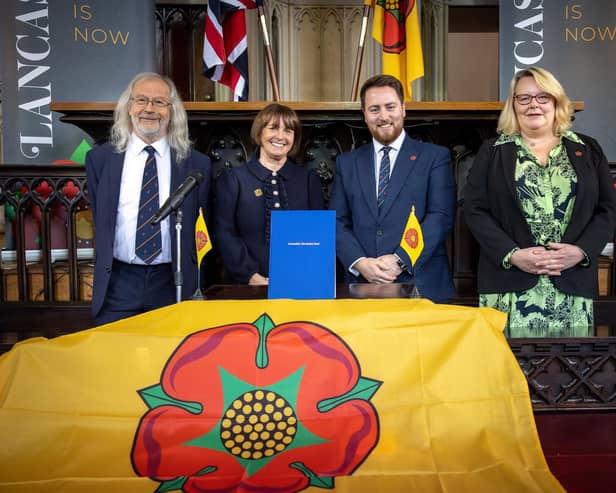The signing of Lancashire's devolution deal in November - but has the election turned the smiles to uncertainty?  [From left] Blackburn with Darwen Council leader Phil Riley, Lancashire County Council leader Phillippa Williamson, Levelling Up Minister Jacob Young and Blackpool Council leader Lynn Williams (image: Martin Bostock Photography)