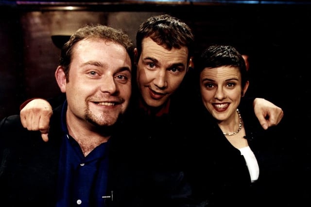 An early picture of John Thomson with Johnny Vaughan and Rhona Cameron when they starred in The Fall Guy, 1996. He attended All Hallows Catholic High School