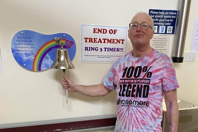 Steven Merrifield, has been receiving treatment at Rosemere Cancer Centre, Lancashire and South Cumbria’s specialist cancer treatment and radiotherapy centre at the Royal Preston Hospital. He wore a t shirt made by his seven-year-old grandson Elliott Hesketh, who has raised £400 through sale of the tops for the organisation, when he rang the bell marking the end of his treatment.