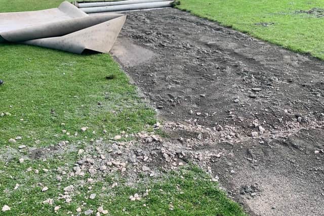 The damage to one of the Moor Park cricket wickets after last summer's vandalism (image: Preston Parks)