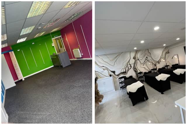 Left: how the former Derian House charity shop looked when Eve purchased the unit. Right: Lash Sorcery's main studio