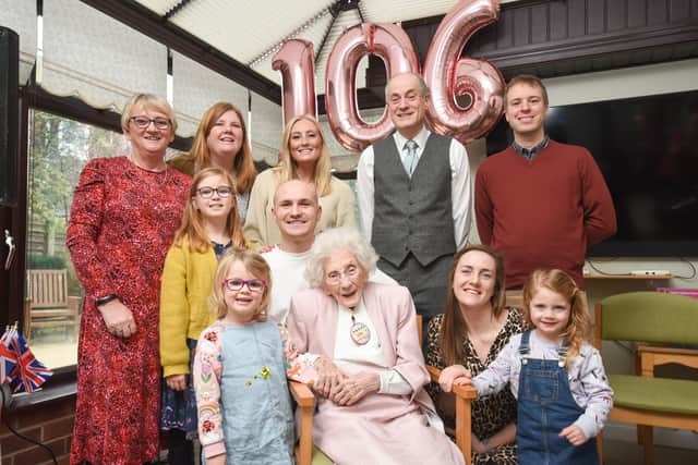 Eunice Byers with family and friends on her big day